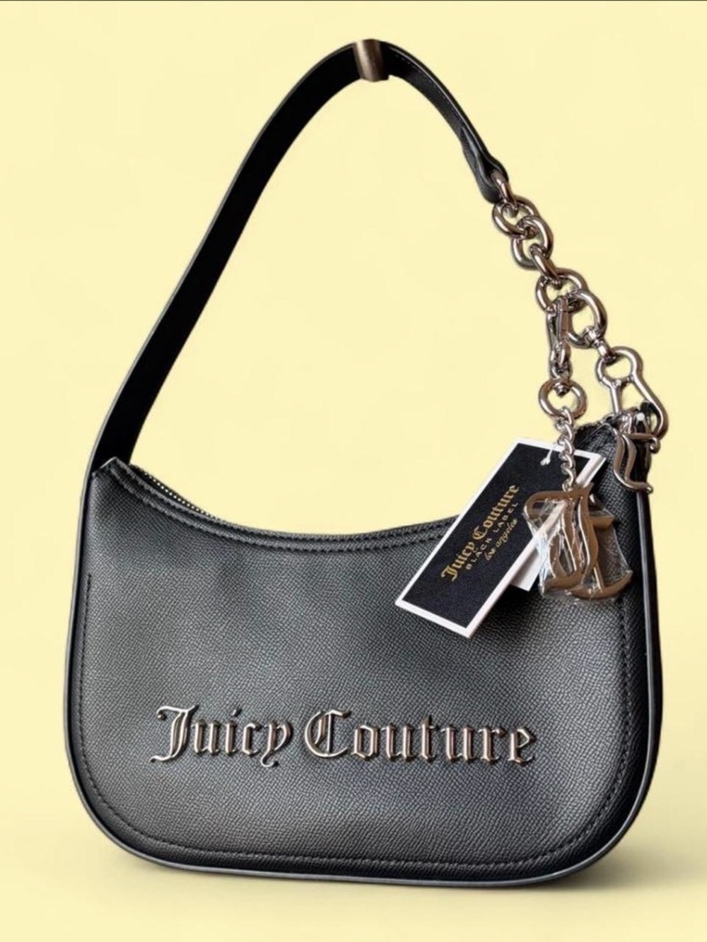 UK EXCLUSIVE Juicy Couture Black Saffiano Shoulder Bag with Logo Charm NWT